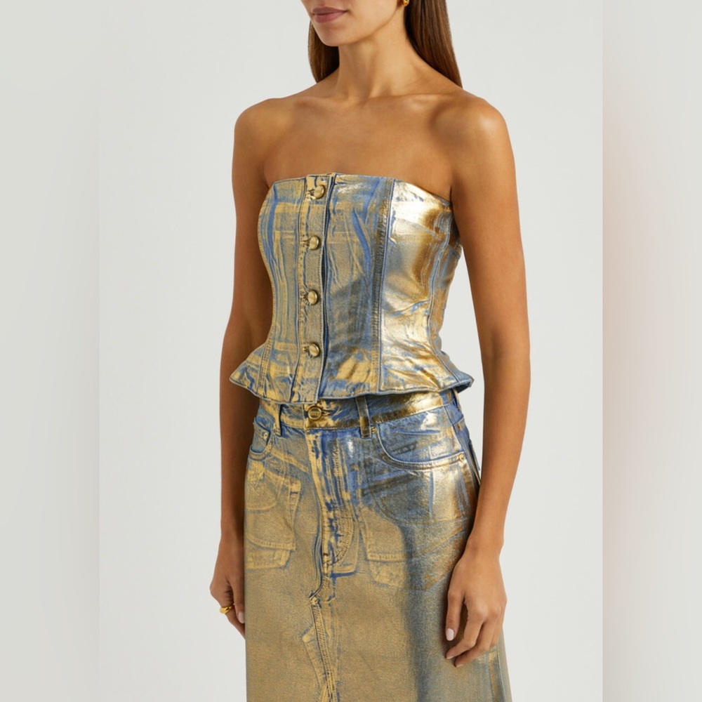 Ganni Foil-print Strapless Denim top Gold